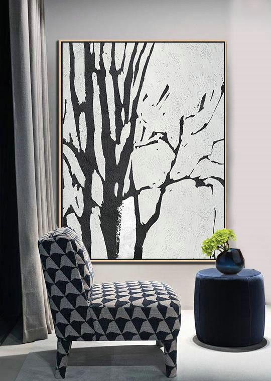 Large Abstract Art Handmade Acrylic Painting,Black And White Minimalist Painting On Canvas - Hand Painted Aclylic Painting On Canvas